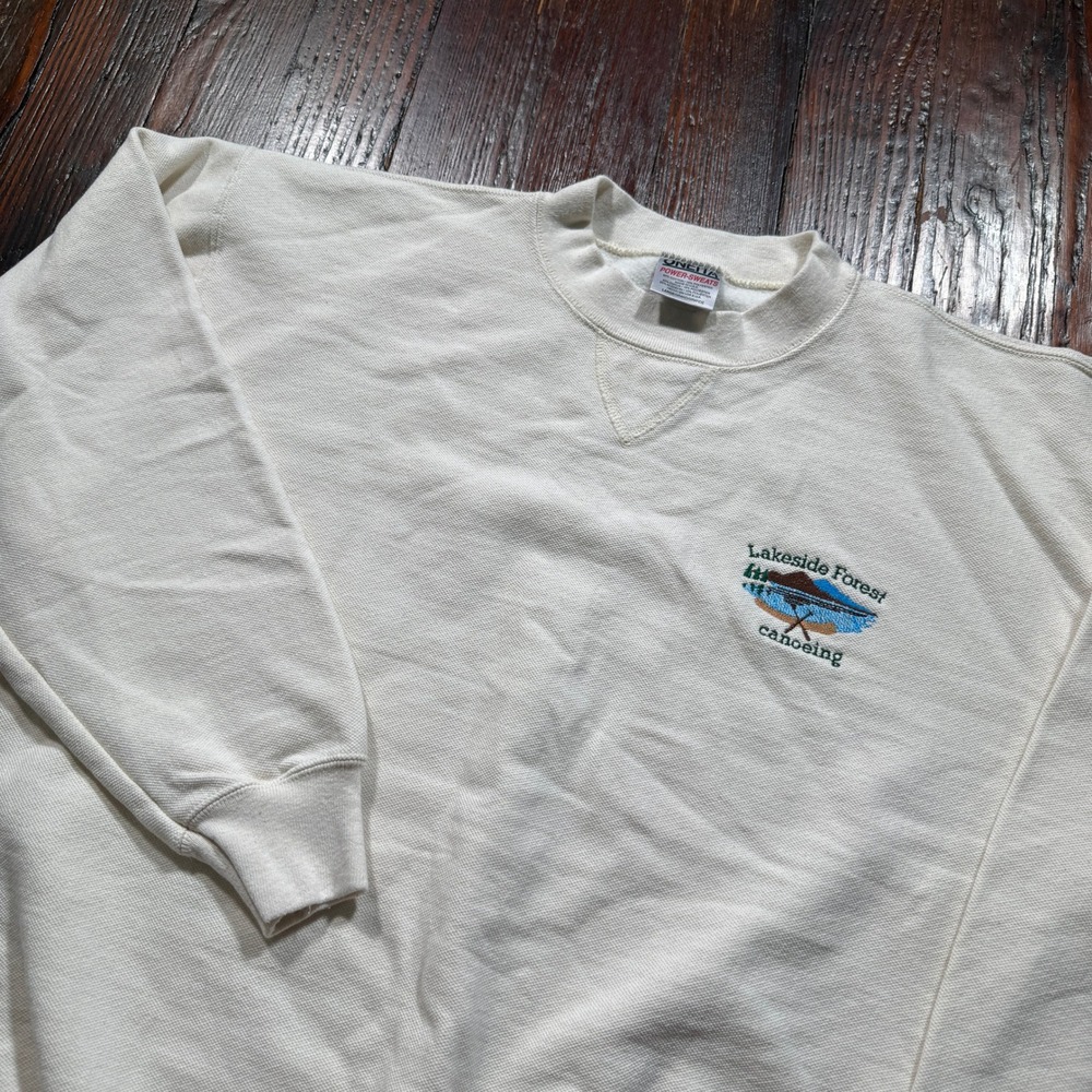 Vintage 90s Oneita Sweatshirt Mens L Gray Lakeside Forest Canoeing USA Made
